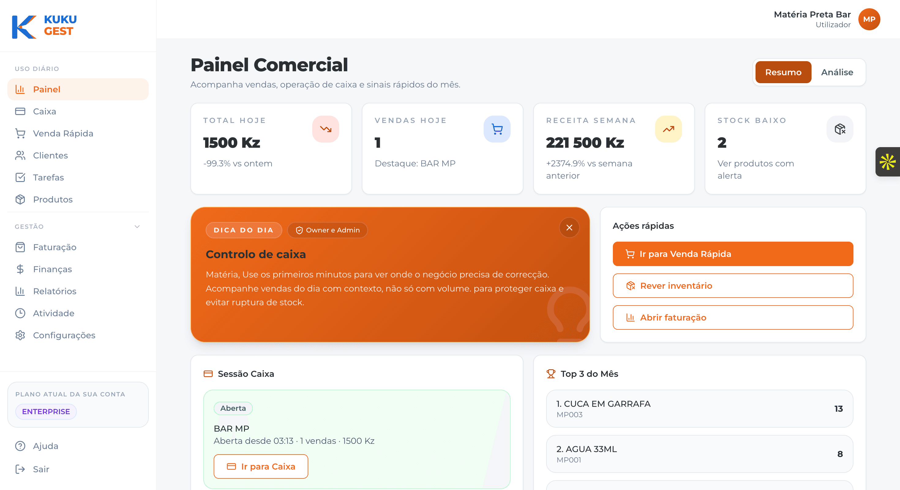 Painel KukuGest para comércio com resumo de caixa, ações rápidas e operação diária.